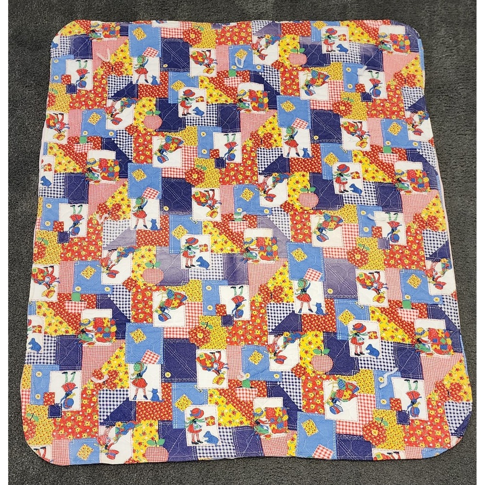 Vintage Handmade Quilted Baby Blanket Holly Hobbie? Denim Patchwork 1970s Floral